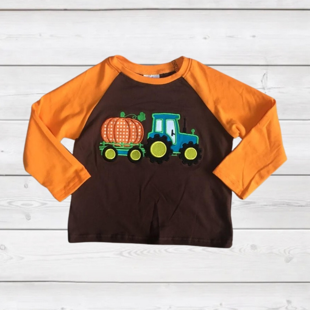 7/8 Boys Pumpkin Tractor raglan shirt